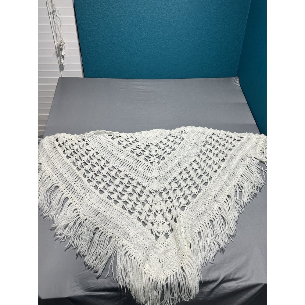 VTG Winkelman's White‎ Acrylic Hand Knit Shawl Boho Hippie Crochet